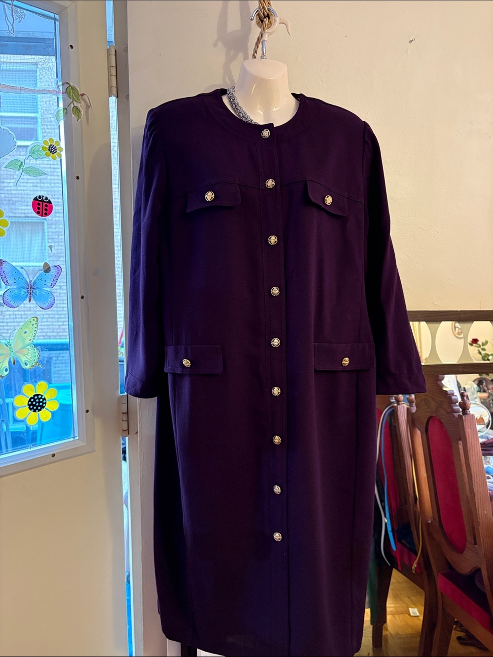 Elegant Purple Long-Sleeve Button-Front Dress. PURE. VIRGIN. Wool